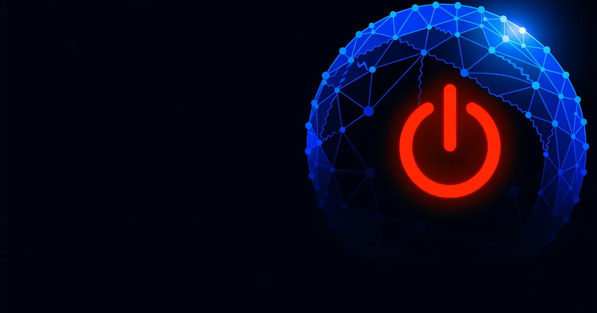 Abstrakt illustration: en blå netværksglobus med et stort rødt sluk-symbol i midten – symbol på en global AI-model, der er blevet slukket